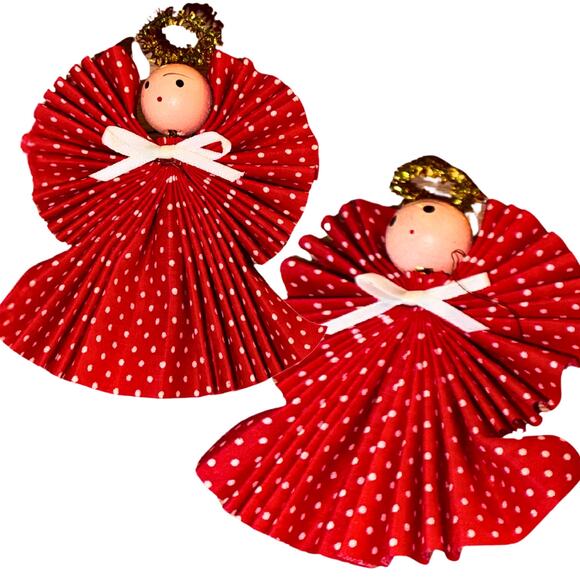 Vintage Red Polka Dot Angel Ornaments – Set of 8 Handmade Angels - Picture 1 of 9
